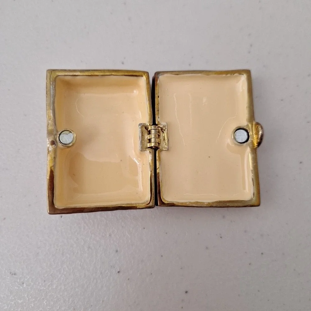 Vintage Brass Enamel Jeweled Hinged Holy Bible Trinket Box Mini 2